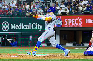 Jun 19, 2024; Arlington, Texas, USA; New York Mets first baseman Pete Alonso (20) hits a two-run home run during the sixth inning against the Texas Rangers at Globe Life Field. Mandatory Credit: Kevin Jairaj-USA TODAY Sports