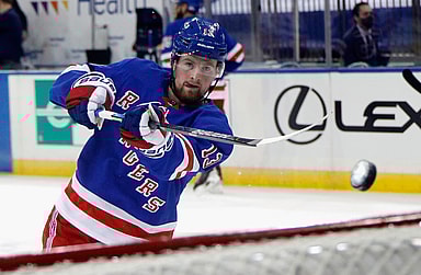 New York Rangers left wing Alexis Lafreniere warms up before the game against the New York Islanders at Madison Square Garden