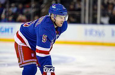 Mar 19, 2024; New York, New York, USA; New York Rangers defenseman Chad Ruhwedel (5) awaits a face-off against the Winnipeg Jets during the first period at Madison Square Garden. Mandatory Credit: Danny Wild-USA TODAY Sports