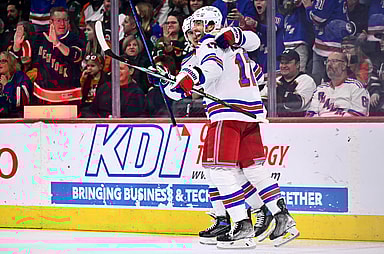 New York Rangers right wing Blake Wheeler (17) celebrates with left wing Chris Kreider (20) after scoring a goal against the Philadelphia Flyers in the first period at Wells Fargo Center