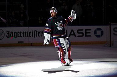 New York Rangers goalie Jonathan Quick (32) is acknowledged as the first star of a 4-1 win against the Los Angeles Kings at Madison Square Garden