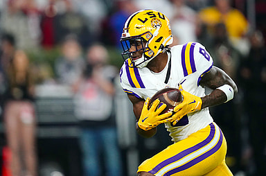 LSU Tigers wide receiver Malik Nabers (8) (New York Giants draft target) hauls in a 46 yard pass for a touchdown against the Alabama Crimson Tide during the first quarter at Bryant-Denny Stadium.