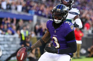 Nov 5, 2023; Baltimore, Maryland, USA; Baltimore Ravens wide receiver Odell Beckham Jr. (3)(New York Jets free agency target) reacts after catching a fourth quarter touchdown against the Seattle Seahawks at M&T Bank Stadium. Mandatory Credit: Tommy Gilligan-USA TODAY Sports