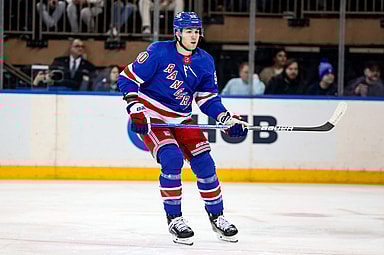 New York Rangers left wing Will Cuylle (50) skates against the Carolina Hurricanes during the first period at Madison Square Garden