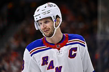 New York Rangers defenseman Jacob Trouba (8) looks on against the Philadelphia Flyers in the third period at Wells Fargo Center