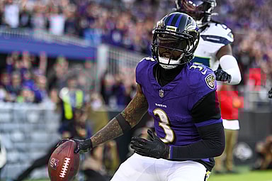 Nov 5, 2023; Baltimore, Maryland, USA; Baltimore Ravens wide receiver Odell Beckham Jr. (3)(New York Jets free agency target) reacts after catching a fourth quarter touchdown against the Seattle Seahawks at M&T Bank Stadium. Mandatory Credit: Tommy Gilligan-USA TODAY Sports