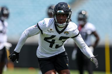 Jacksonville Jaguars defensive back Kaleb Hayes (43) participates in mandatory mini camp at TIAA Bank field (New York Giants)