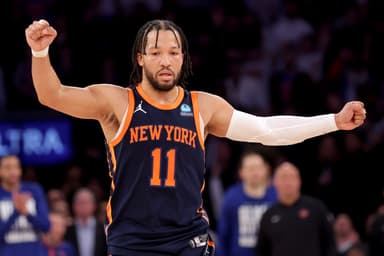 New York Knicks guard Jalen Brunson (11) reacts during the fourth quarter against the Detroit Pistons at Madison Square Garden