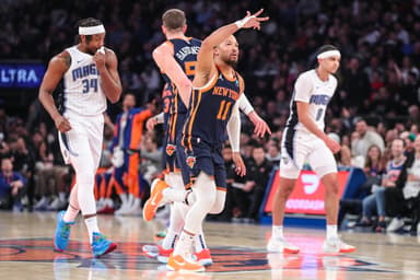 New York Knicks guard Jalen Brunson (11) gestured after making a three point shot in the first quarter against the Orlando Magic at Madison Square Garden