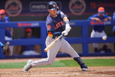 Mar 23, 2024; Port St. Lucie, Florida, USA;  Houston Astros third baseman Alex Bregman (2) hits his second three-run home run of the game against the New York Mets in the fifth inning at Clover Park. Mandatory Credit: Jim Rassol-USA TODAY Sports