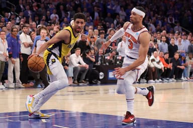 May 6, 2024; New York, New York, USA; Indiana Pacers guard Tyrese Haliburton (0) controls the ball against New York Knicks guard Josh Hart (3) during the fourth quarter of game one of the second round of the 2024 NBA playoffs at Madison Square Garden. Mandatory Credit: Brad Penner-USA TODAY Sports