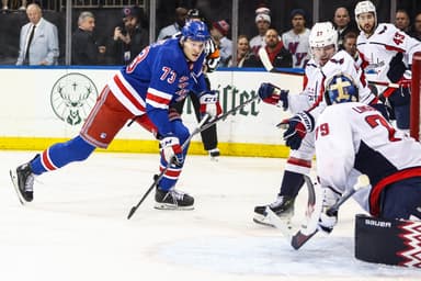 Apr 21, 2024; New York, New York, USA; New York Rangers center Matt Rempe (73) scores a goal in the second period against the Washington Capitals in game one of the first round of the 2024 Stanley Cup Playoffs at Madison Square Garden. Mandatory Credit: Wendell Cruz-USA TODAY Sports