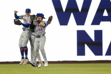 Jun 4, 2024; Washington, District of Columbia, USA; New York Mets outfielder Brandon Nimmo (9) Mets outfielder Harrison Bader (44), and Mets outfielder Starling Marte (6) celebrate after their game against the Washington Nationals at Nationals Park. Mandatory Credit: Geoff Burke-USA TODAY Sports