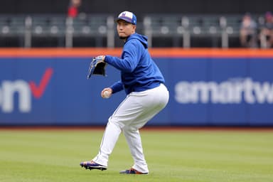 May 14, 2024; New York City, New York, USA; New York Mets injured pitcher Kodai Senga (34) throws in the outfield before a game against the Philadelphia Phillies at Citi Field. Mandatory Credit: Brad Penner-USA TODAY Sports