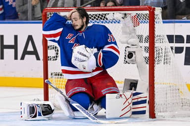May 30, 2024; New York, New York, USA; New York Rangers goaltender Igor Shesterkin (31) recovers after getting run into by Florida Panthers defenseman Niko Mikkola (not pictured) during the second period in game five of the Eastern Conference Final of the 2024 Stanley Cup Playoffs at Madison Square Garden. Mandatory Credit: Dennis Schneidler-USA TODAY Sports