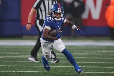 Aug 8, 2024; East Rutherford, New Jersey, USA; New York Giants running back Eric Gray (20) carries the ball during the first half against the Detroit Lions at MetLife Stadium. Mandatory Credit: Vincent Carchietta-USA TODAY Sports