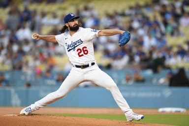 Aug 18, 2023; Los Angeles, California, USA; Los Angeles Dodgers starting pitcher Tony Gonsolin (26) throws a pitch against the Miami Marlins during the first inning at Dodger Stadium. Mandatory Credit: Jonathan Hui-Imagn Images