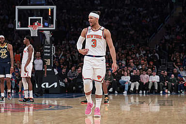 New York Knicks guard Josh Hart (3) reacts after being ejected from the game during the second half against the Indiana Pacers at Madison Square Garden