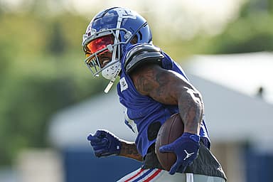 New York Giants wide receiver Sterling Shepard (3) participates in drills during training camp at the Quest Diagnostics Training Facility
