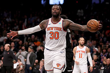 New York Knicks forward Julius Randle (30) reacts during the fourth quarter against the Brooklyn Nets at Barclays Center