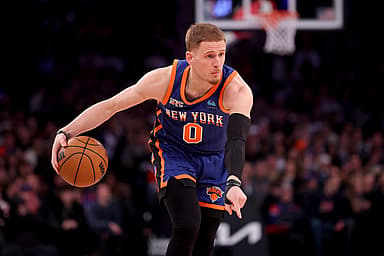 New York Knicks guard Donte DiVincenzo (0) controls the ball against the Toronto Raptors during the second quarter at Madison Square Garden