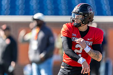 American quarterback Spencer Rattler of South Carolina (2) (New York Giants draft prospect) throws the ball during practice for the American team at Hancock Whitney Stadium