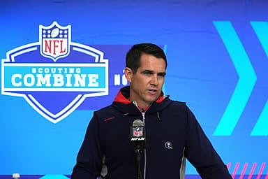 New York Giants general manager Joe Schoen speaks during a press conference during the NFL Scouting Combine at Indiana Convention Center