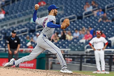 Jun 5, 2024; Washington, District of Columbia, USA; New York Mets relief pitcher Danny Young (81) pitches against the Washington Nationals during the ninth inning at Nationals Park. Mandatory Credit: Geoff Burke-USA TODAY Sports