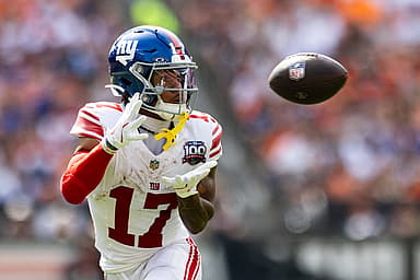 Sep 22, 2024; Cleveland, Ohio, USA; New York Giants wide receiver Wan'Dale Robinson (17) catches a pass during the third quarter against the Cleveland Browns at Huntington Bank Field. Mandatory Credit: Scott Galvin-Imagn Images