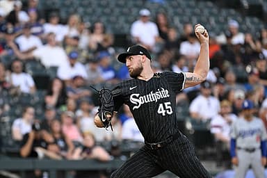 Jun 24, 2024; Chicago, Illinois, USA;  Chicago White Sox pitcher Garrett Crochet (45) delivers against the Los Angeles Dodgers during the first inning at Guaranteed Rate Field. Mandatory Credit: Matt Marton-Imagn Images