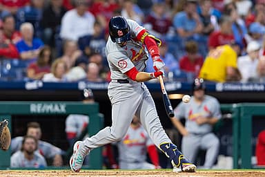 May 31, 2024; Philadelphia, Pennsylvania, USA; St. Louis Cardinals third base Nolan Arenado (28) hits a home run during the seventh inning against the Philadelphia Phillies at Citizens Bank Park. Mandatory Credit: Bill Streicher-Imagn Images, yankees