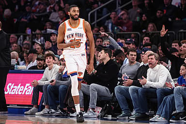 Dec 1, 2024; New York, New York, USA;  New York Knicks forward Mikal Bridges (25) celebrates after scoring in the fourth quarter against the New Orleans Pelicans at Madison Square Garden. Mandatory Credit: Wendell Cruz-Imagn Images