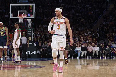New York Knicks guard Josh Hart (3) reacts after being ejected from the game during the second half against the Indiana Pacers at Madison Square Garden