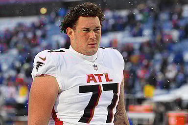 Atlanta Falcons guard Jalen Mayfield (77) following the game against the Buffalo Bills at Highmark Stadium (New York Giants)