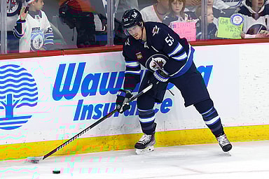 Winnipeg Jets center Mark Scheifele (55) warms up before game three of the first round of the 2023 Stanley Cup Playoffs at Canada Life Centre against the Vegas Golden Knights (New York Rangers)