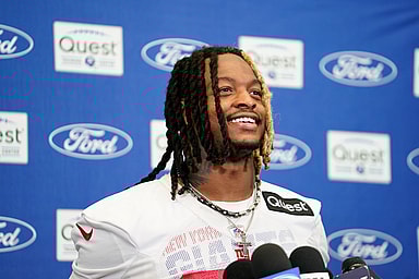 New York Giants safety Xavier McKinney (29) speaks during a press conference after the first day of training camp at Quest Diagnostics Training Facility