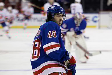 New York Rangers left wing Bobby Trivigno (48) skates during warmups before a game against the New York Islanders at Madison Square Garden