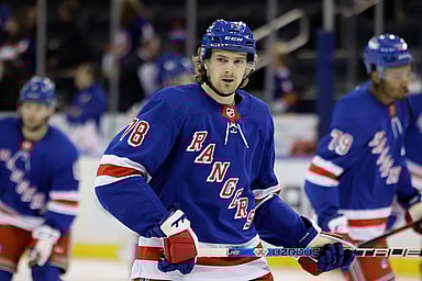 New York Rangers left wing Brennan Othmann (78) looks out during warmups before a game against the New York Islanders at Madison Square Garden