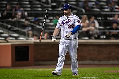 New York Mets designated hitter Daniel Vogelbach (32) reacts after striking out against the Arizona Diamondbacks during the ninth inning at Citi Field