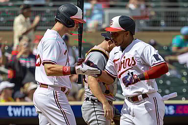 Aug 16, 2023; Minneapolis, Minnesota, USA; Minnesota Twins designated hitter Jorge Polanco (11) celebrates with right fielder Max Kepler (26) after hitting a two run home run against the Detroit Tigers in the ninth inning at Target Field. Mandatory Credit: Jesse Johnson-USA TODAY Sports (Yankees)