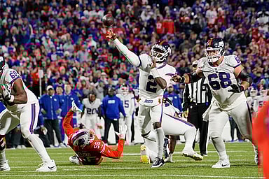 New York Giants quarterback Tyrod Taylor (2) throws the ball (Ben Bredeson) against the Buffalo Bills during the second half at Highmark Stadium