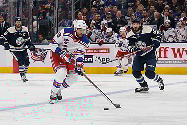 New York Rangers defenseman K'Andre Miller (79) looks to pass against the Columbus Blue Jackets during the second period at Nationwide Arena