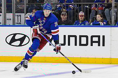 New York Rangers right wing Kaapo Kakko (24) skates across the blue line against the Boston Bruins  during the third at Madison Square Garden
