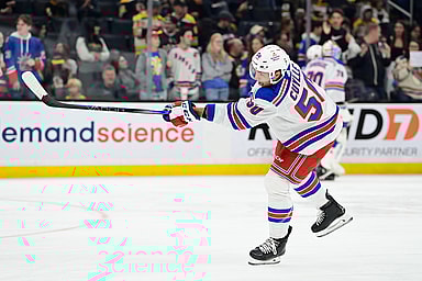 New York Rangers left wing Will Cuylle (50) skates in warm-ups prior to the game against the Boston Bruins at TD Garden