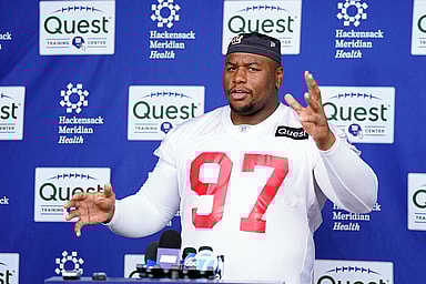 New York Giants defensive lineman Dexter Lawrence talks to reporters after the first day of mandatory minicamp at the Giants training center in East Rutherford