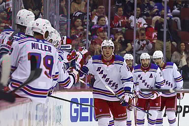 New York Rangers left wing Will Cuylle (50) celebrates his goal against the New Jersey Devils during the second period at Prudential Center.