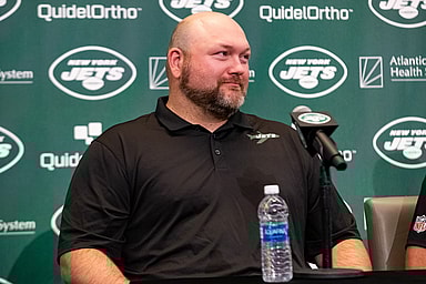 New York Jets general manager Joe Douglas addresses the media during the introductory press conference for quarterback Aaron Rodgers (8) (not pictured) at Atlantic Health Jets Training Center