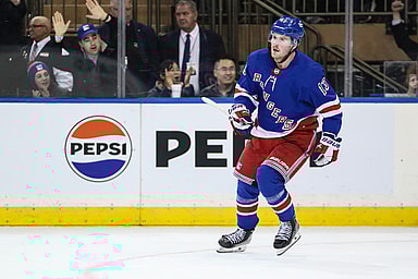 New York Rangers left wing Alexis Lafreniere (13) scores the game winning goal in a shootout against the Columbus Blue Jackets at Madison Square Garden