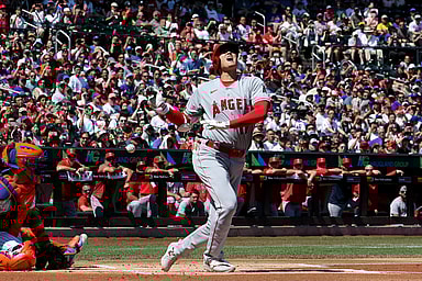 Los Angeles Angels designated hitter Shohei Ohtani (17) reacts after fouling a ball off his foot during the first inning against the New York Mets at Citi Field