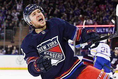 New York Rangers left wing Artemi Panarin (10) celebrates his goal against the Buffalo Sabres during the first period at Madison Square Garden